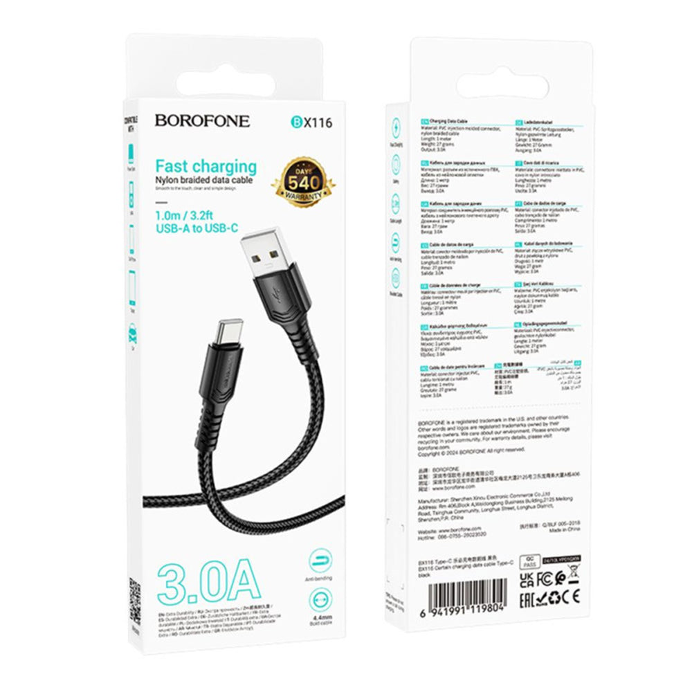 Kabl za Podatke i Punjenje USB-A - USB-C Borofone BX116 Certain, 18W, 1m, Crni