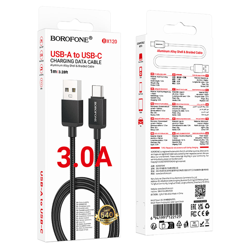 Kabl za prenos podataka i punjenje USB-A - USB-C Borofone BX120 Placer, 18W, 1m, Crni