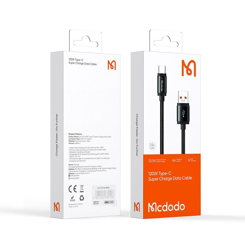 Kabl za podatke i punjenje USB-A - USB-C McDodo CA-4730, 120W, 1.5m, Crni
