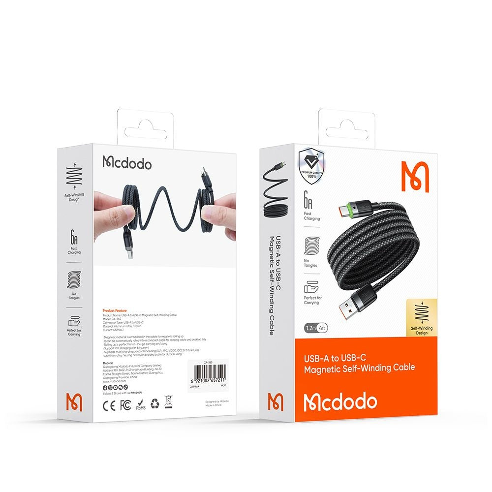Kabl za podatke i punjenje USB-A - USB-C McDodo CA-5650 Self Winding, 66W, 1.2m, Crni