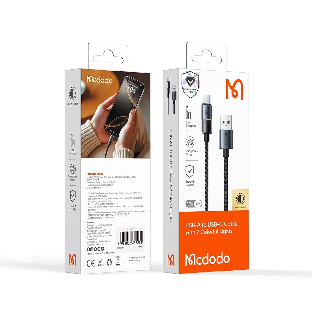 Kabl za Podatke i Punjenje USB-A - USB-C McDodo CA-8180 Colorful, 66W, 1.2m, Crni