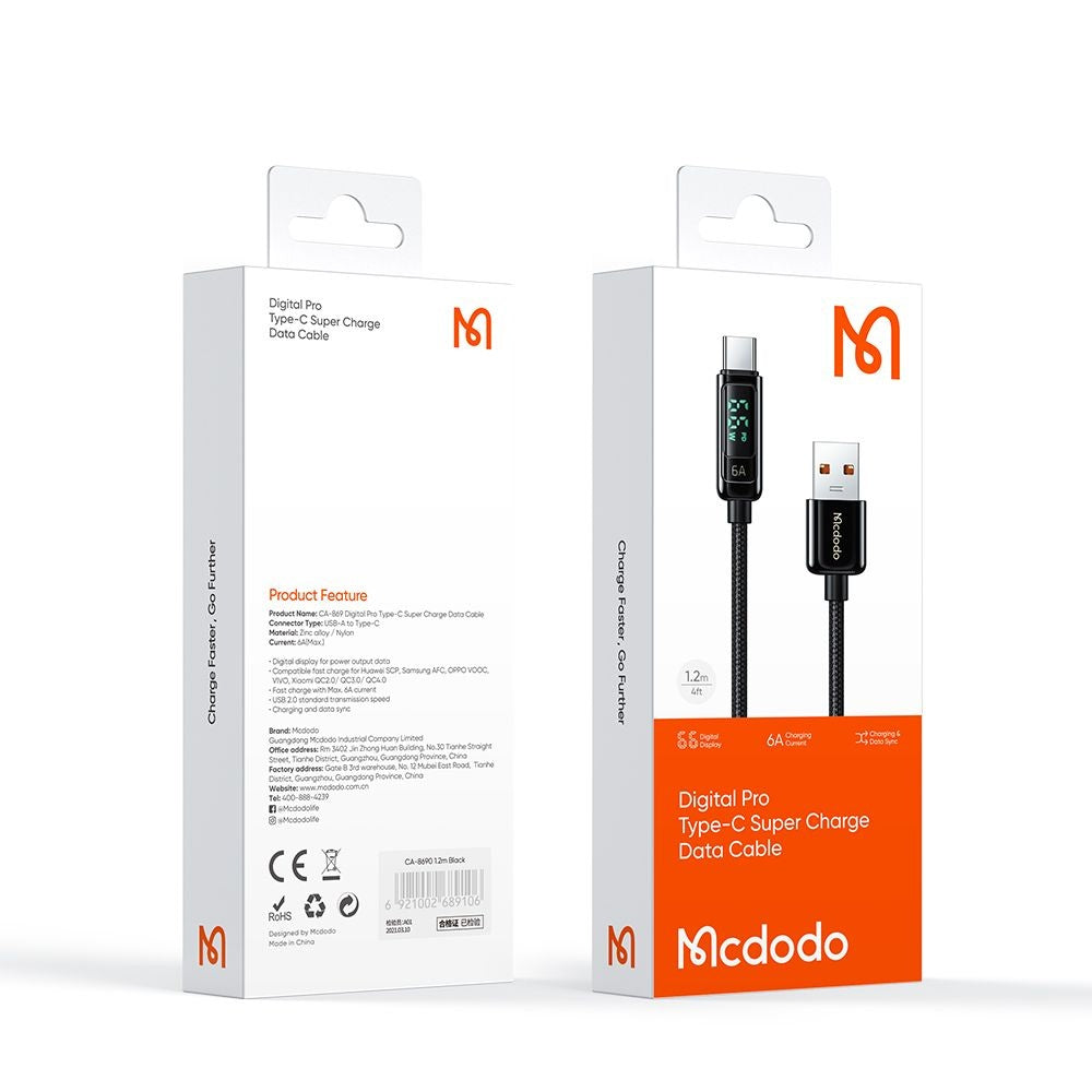 Kabl za Podatke i Punjenje USB-A - USB-C McDodo CA-8690 Display, 66W, 1.2m, Crni