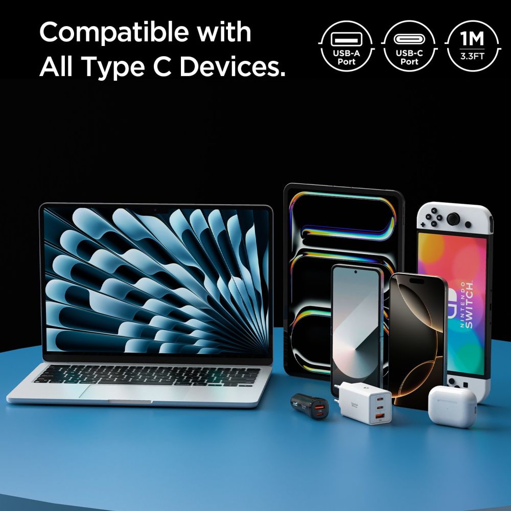 Kabl za podatke i punjenje USB-A - USB-C Spigen Essential, 60W, 1m, Beli