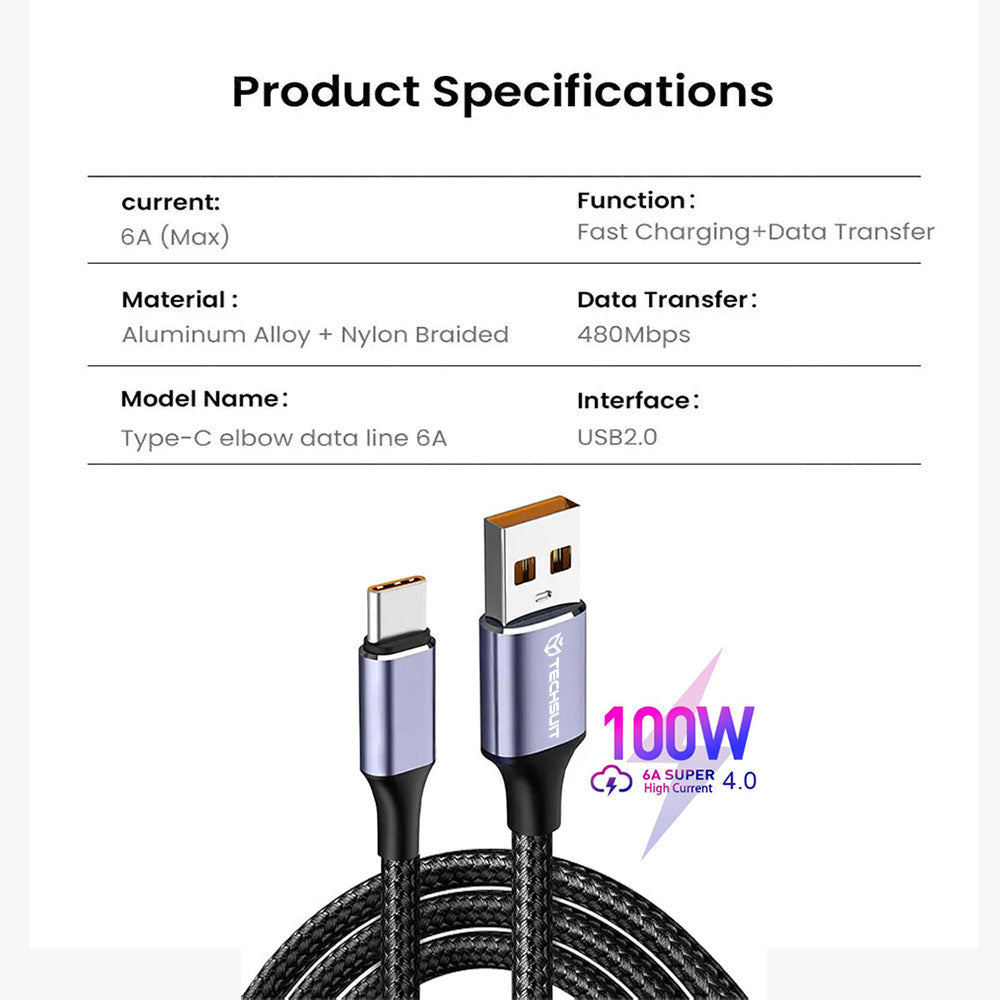 Kabl za prenos podataka i punjenje USB-A - USB-C Techsuit PCB018, 100W, 1m, Crni