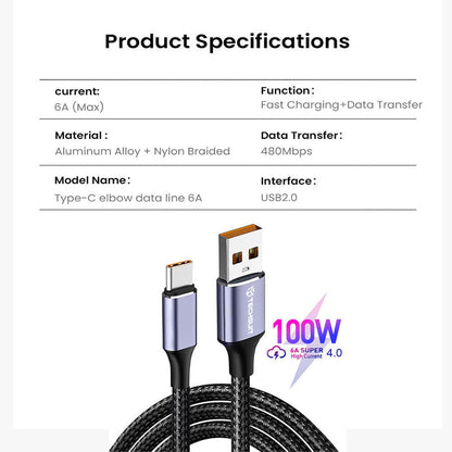 Kabl za prenos podataka i punjenje USB-A - USB-C Techsuit PCB018, 100W, 1m, Crni
