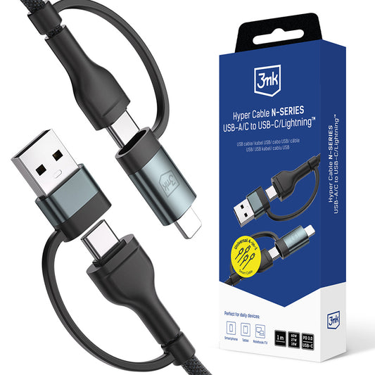 Kabl za prenos podataka i punjenje USB-A / USB-C - USB-C / Lightning 3MK Hyper N, 60W, 1.2m, Crni