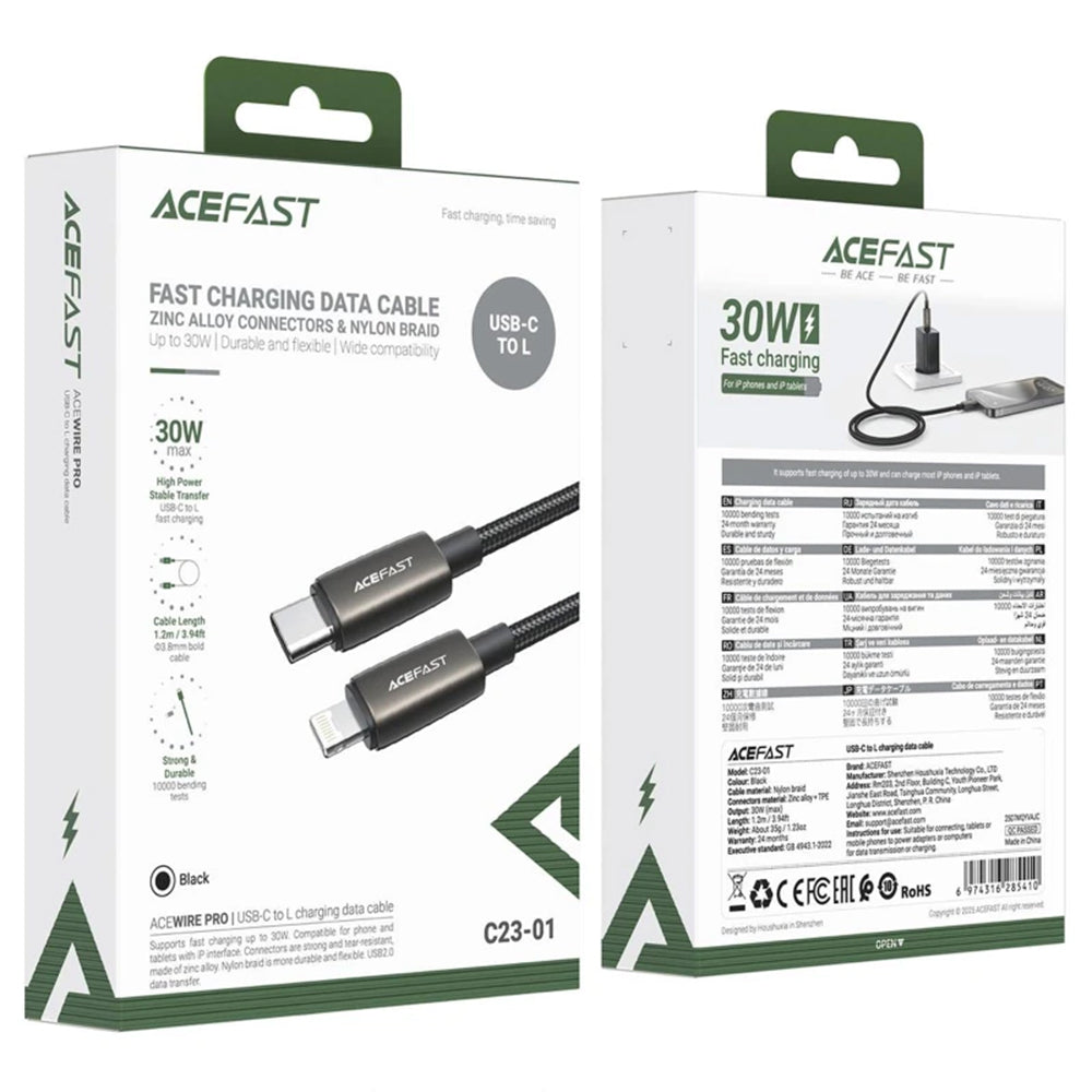 Kabl za prenos podataka i punjenje USB-C - Lightning Acefast C23-01, 30W, 1.2m, Crni