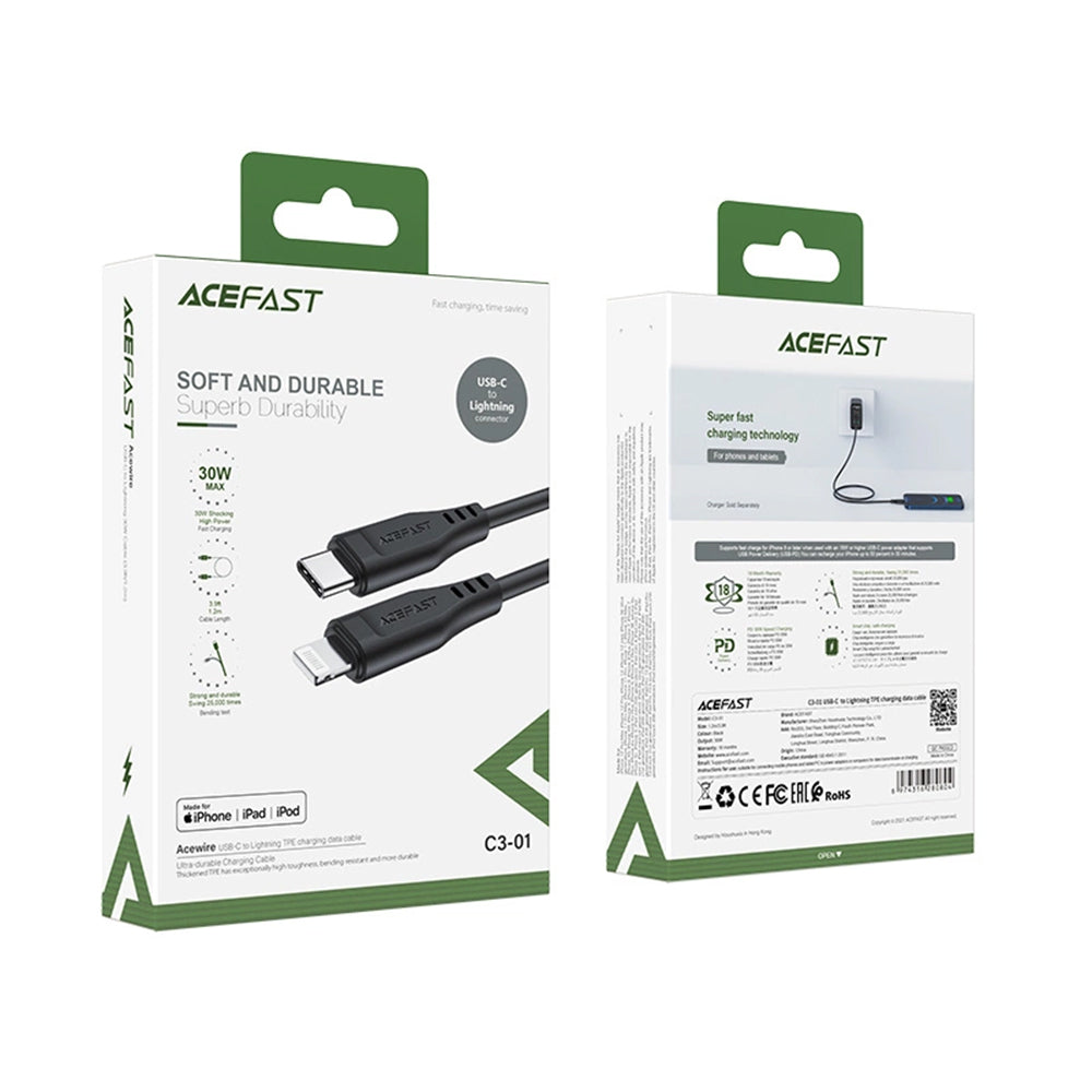 Kabl za prenos podataka i punjenje USB-C - Lightning Acefast C3-01, 30W, 1.2m, Crni