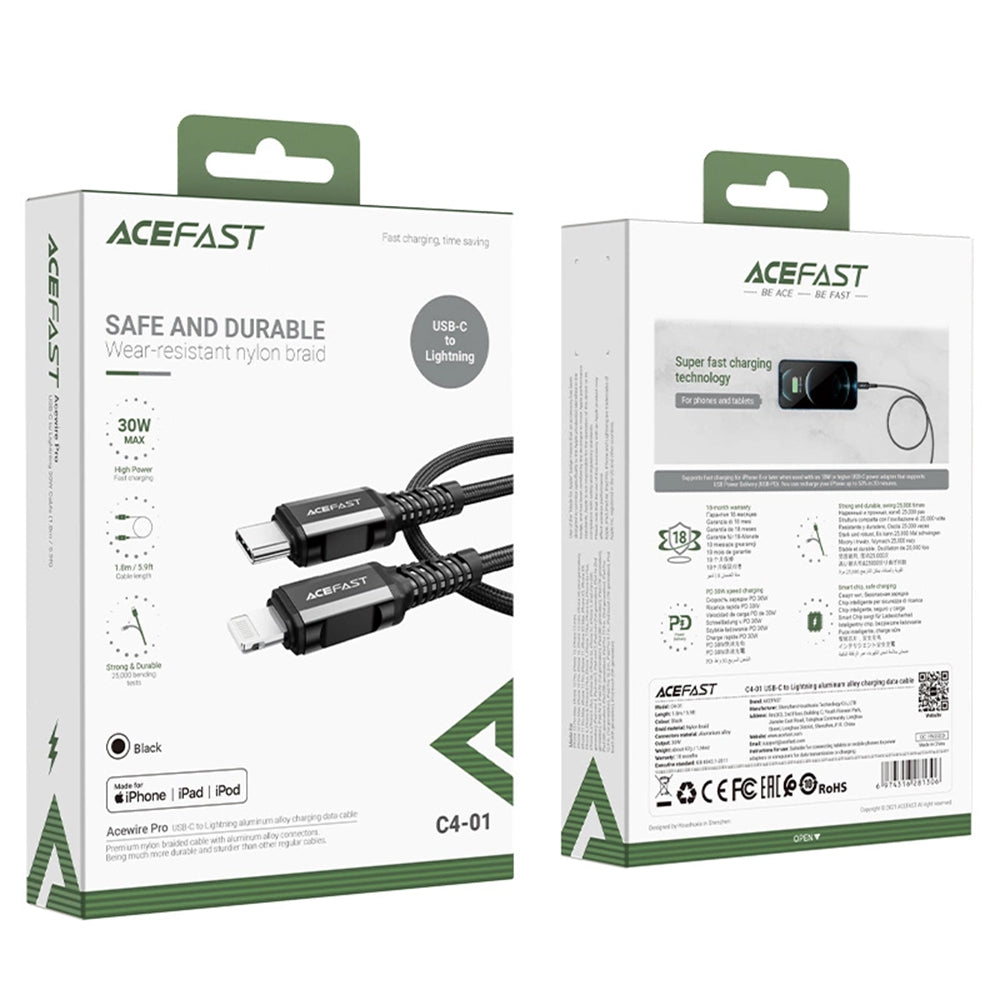 Kabl za prenos podataka i punjenje USB-C - Lightning Acefast C4-01, 30W, 1.8m, Crni
