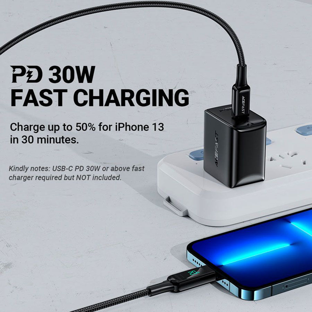 Kabl za prenos podataka i punjenje USB-C - Lightning Acefast C6-01 Display, 20W, 1.2m, Crni