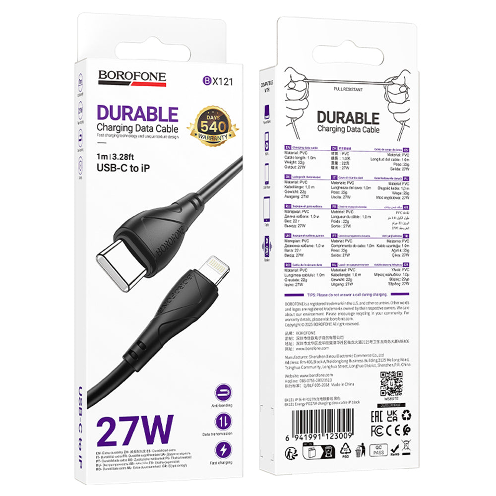 Kabl za prenos podataka i punjenje USB-C - Lightning Borofone BX121 Energy, 27W, 1m, Crni