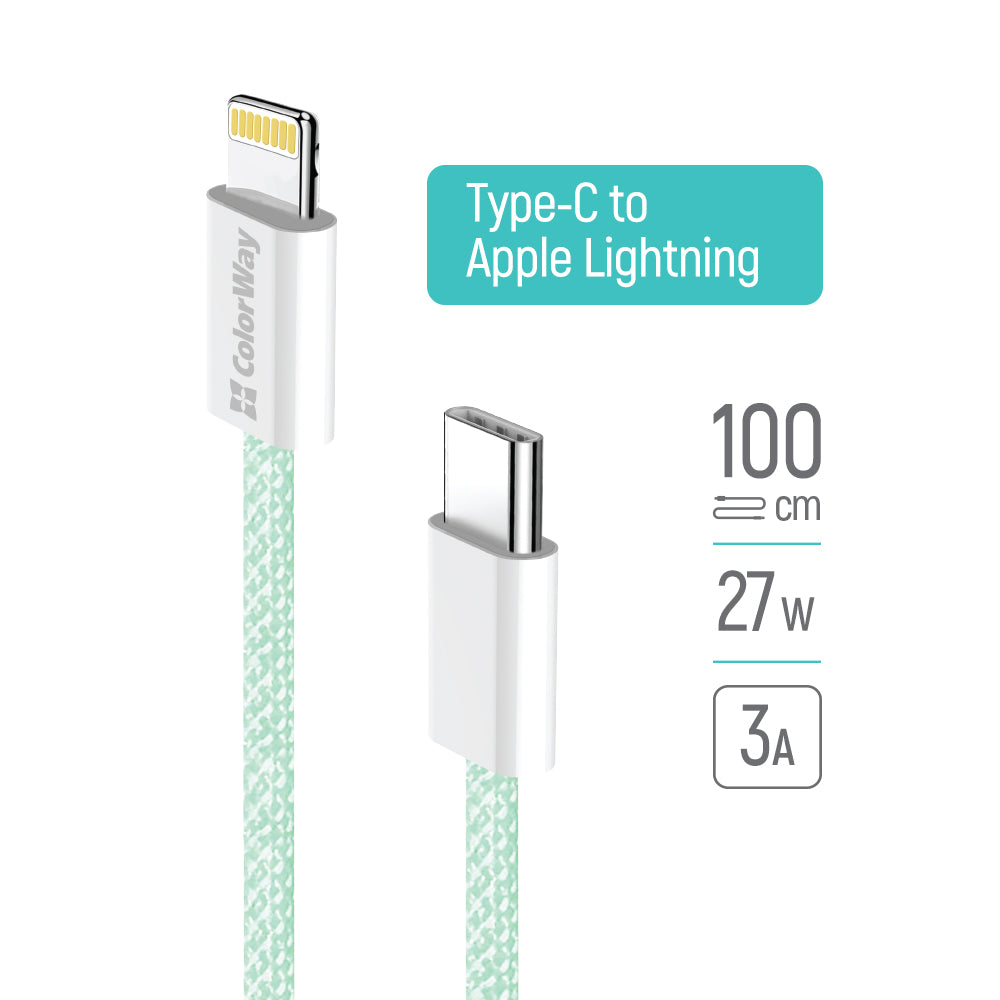 Kabl za prenos podataka i punjenje USB-C - Lightning ColorWay CW-CBPDCL061, 27W, 1m, Zelen.