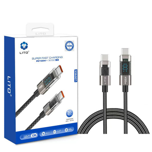 Kabl za Prenos Podataka i Punjenje USB-C - USB-C Lito LD09CC Display, 100W, 1.2m, Crni
