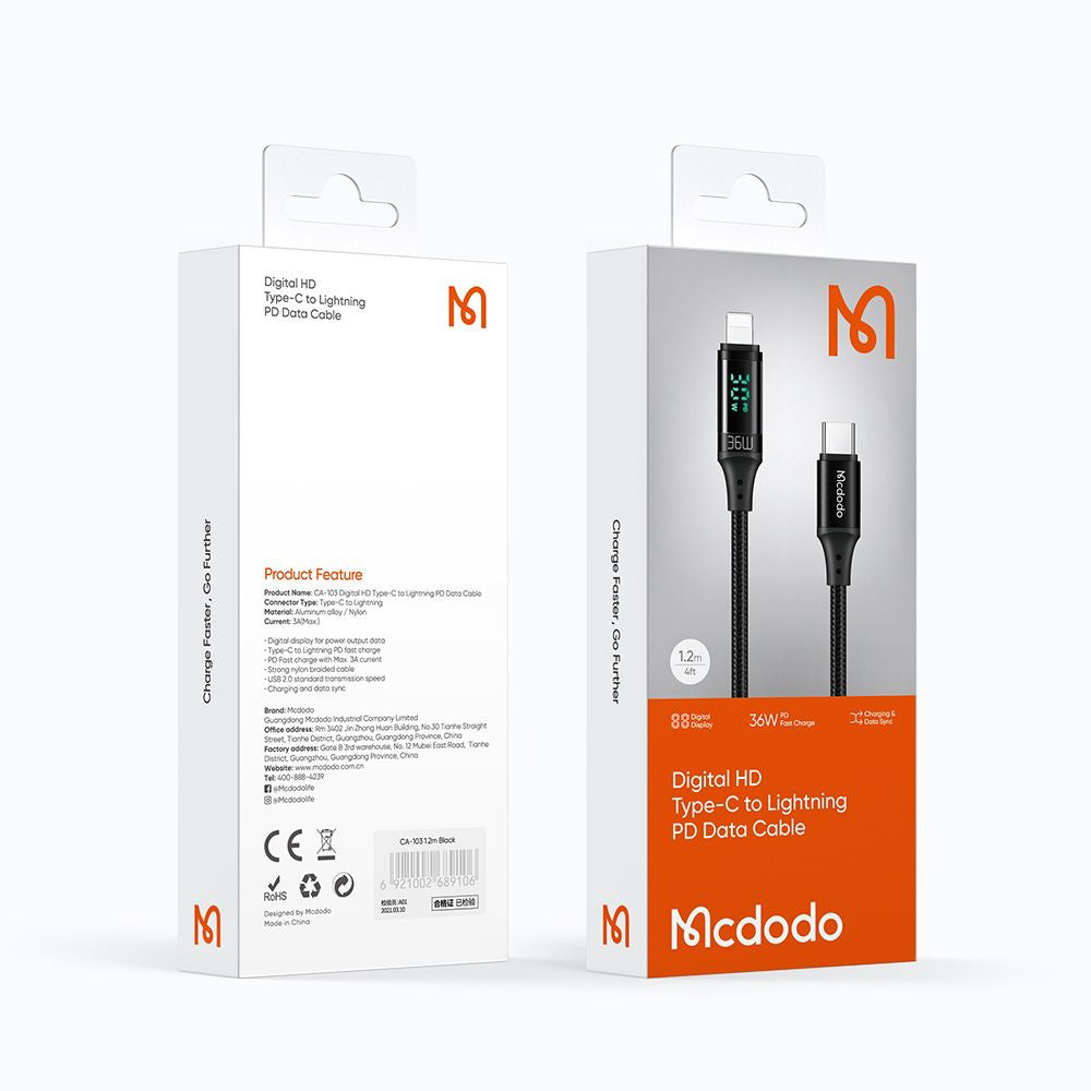 Kabl za podatke i punjenje USB-C - Lightning McDodo CA-1030 Display, 36W, 1.2m, Crni