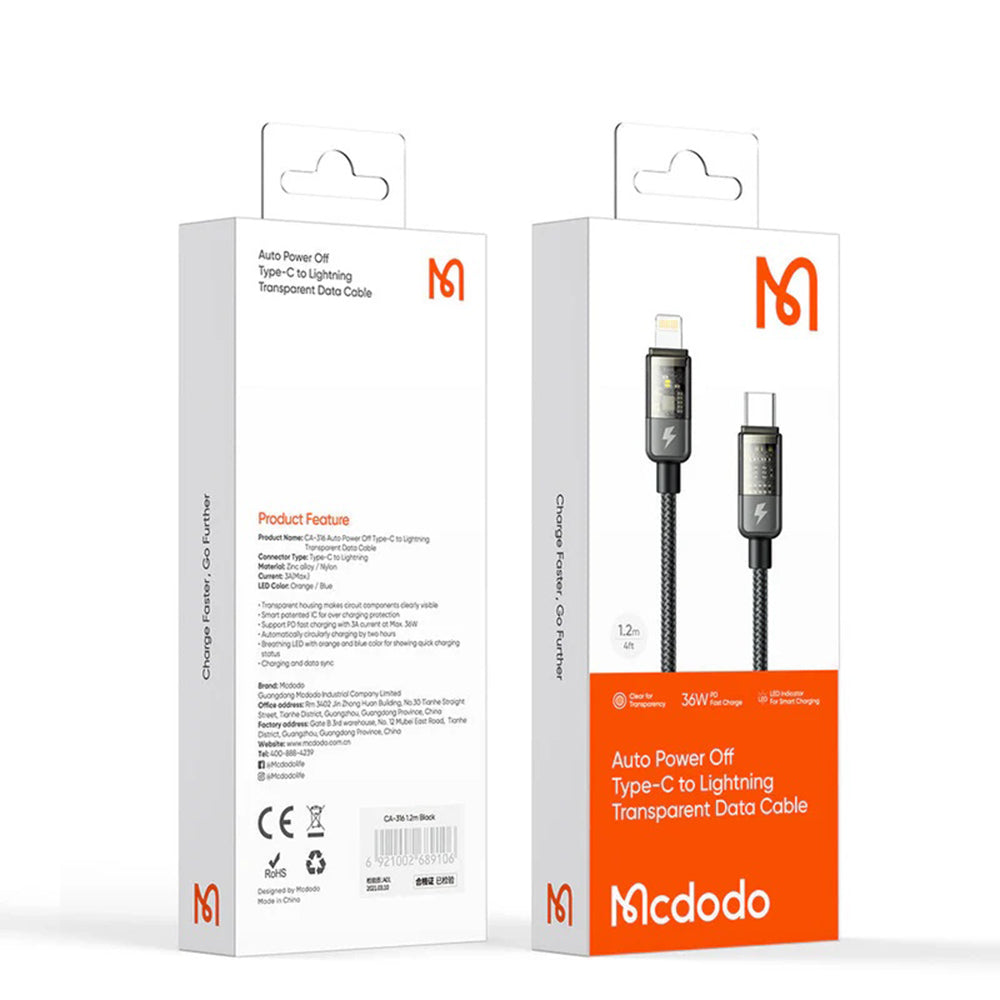Kabl za prenos podataka i punjenje USB-C - Lightning McDodo CA-3160 Auto Power Off, 36W, 1.2m, Crni