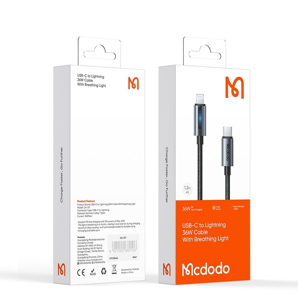 Kabl za podatke i punjenje USB-C - Lightning McDodo CA-5710, 36W, 1.2m, Crni