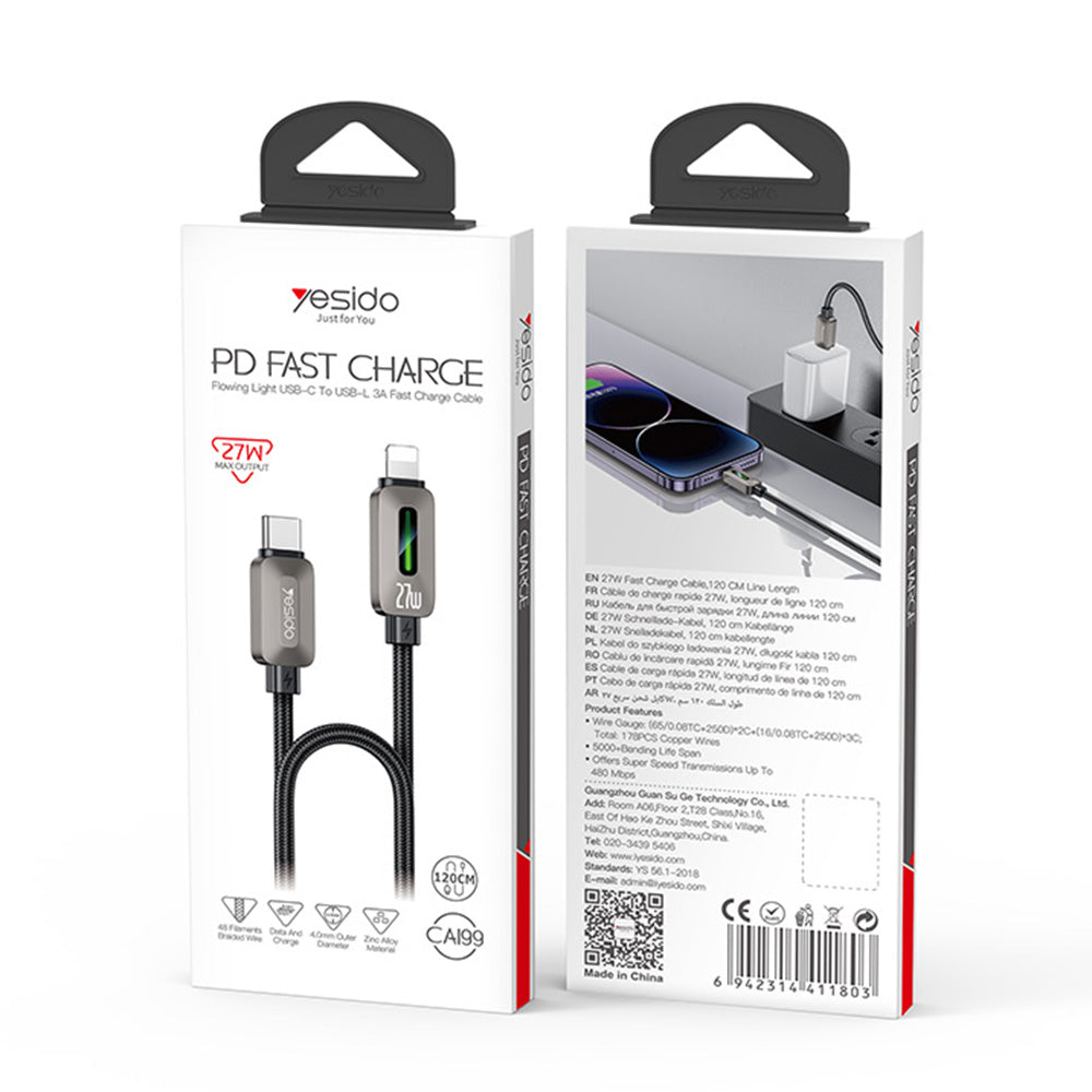 USB-C - Lightning kabl za prenos podataka i punjenje Yesido CA199, 27W, 1.2m, Crni