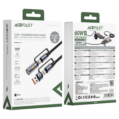 Kabl za prenos podataka i punjenje USB-C / USB-A - USB-C / Električni upaljač Acefast J6, 60W, 1.2m, Crni