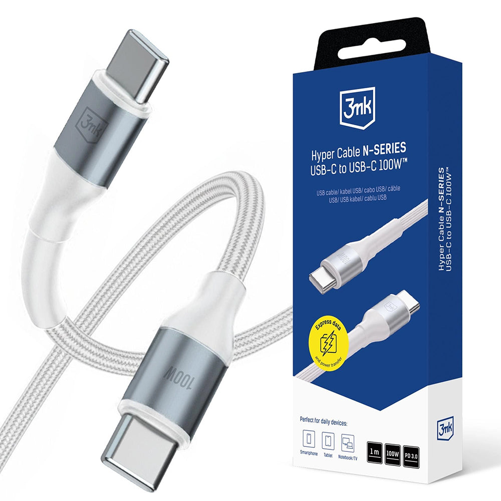 Kabl za prenos podataka i punjenje USB-C - USB-C 3MK Hyper N, 100W, 1m, Beli