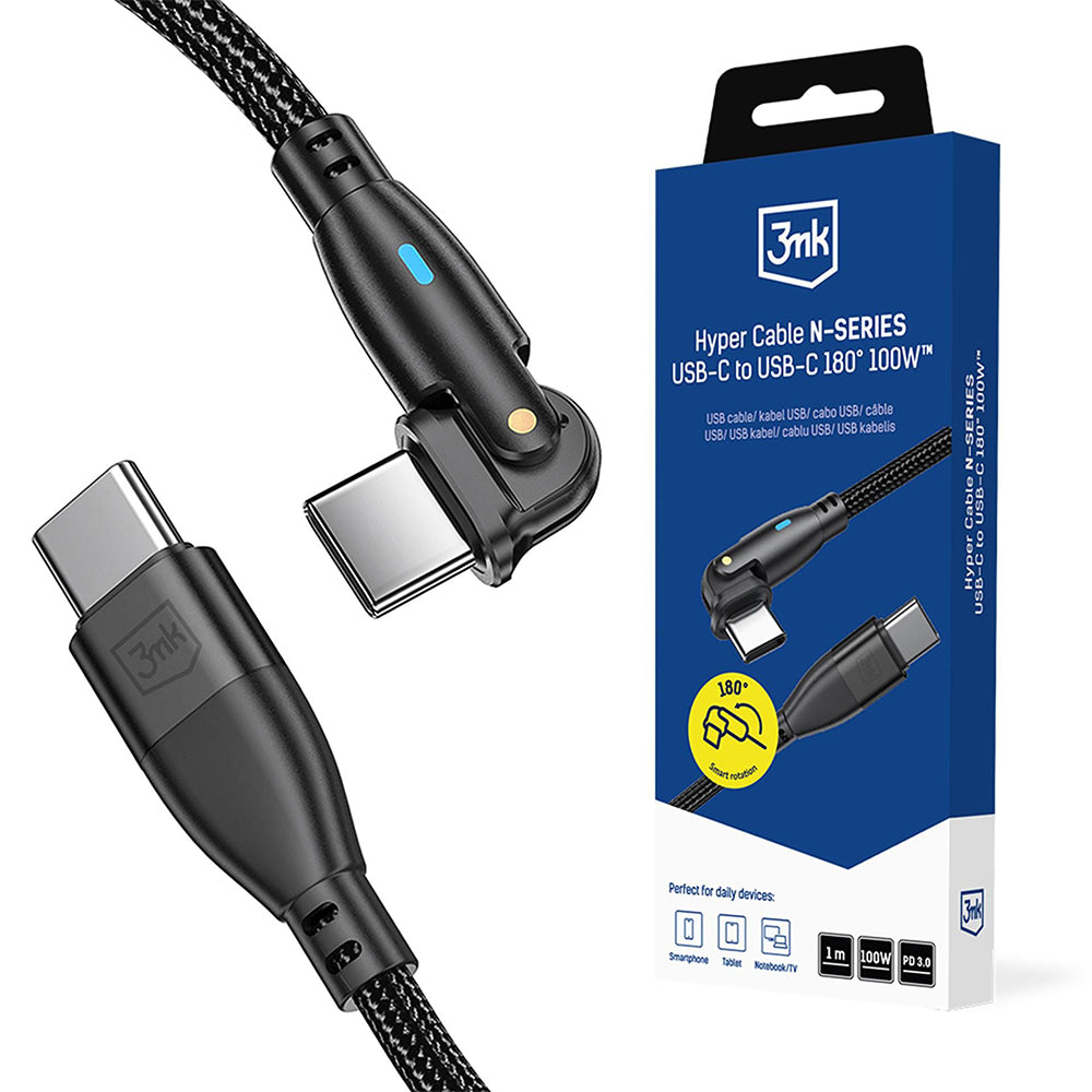 Kabl za prenos podataka i punjenje USB-C - USB-C 3MK Hyper N Angled, 100W, 1m, Crni