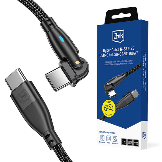 Kabl za prenos podataka i punjenje USB-C - USB-C 3MK Hyper N Angled, 100W, 1m, Crni