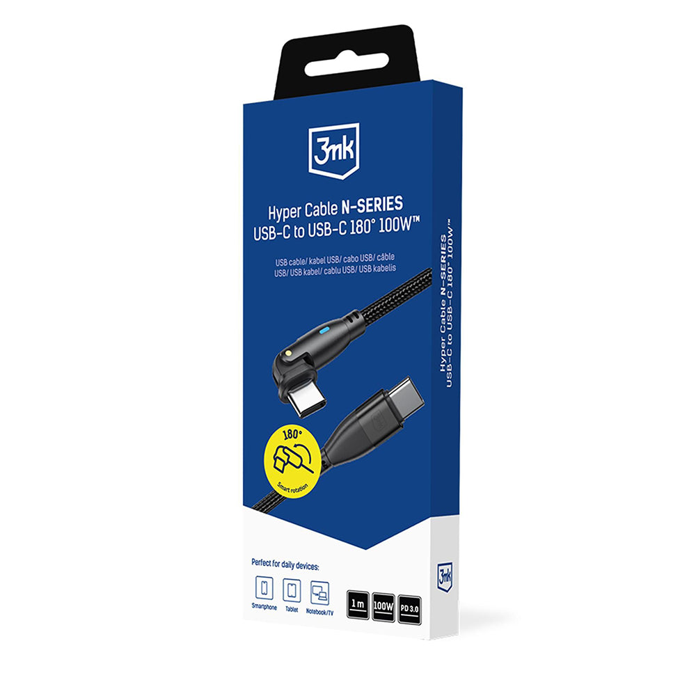 Kabl za prenos podataka i punjenje USB-C - USB-C 3MK Hyper N Angled, 100W, 1m, Crni