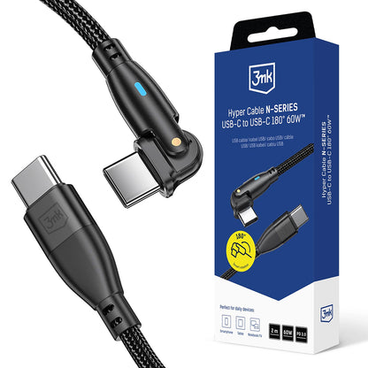 Kabl za prenos podataka i punjenje USB-C - USB-C 3MK Hyper N Angled, 60W, 2m, Crni