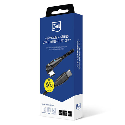 Kabl za prenos podataka i punjenje USB-C - USB-C 3MK Hyper N Angled, 60W, 2m, Crni