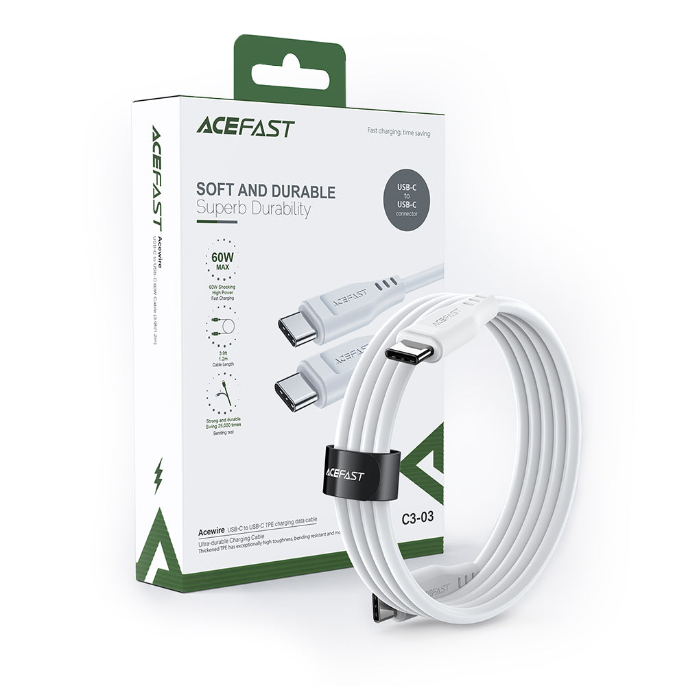 Kabl za podatke i punjenje USB-C - USB-C Acefast C3-03, 60W, 1.2m, Bel
