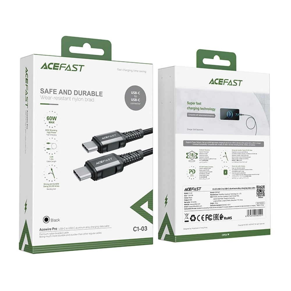 Kabl za prenos podataka i punjenje USB-C - USB-C Acefast C1-03, 60W, 1.2m, Crni