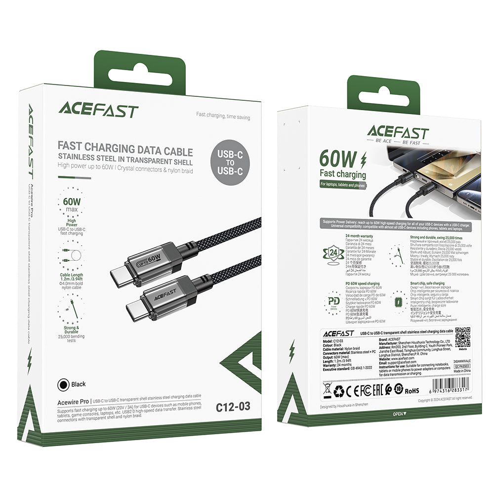 Kabl za prenos podataka i punjenje USB-C - USB-C Acefast C12-03, 60W, 1.2m, Crni