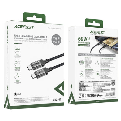 Kabl za prenos podataka i punjenje USB-C - USB-C Acefast C12-03, 60W, 1.2m, Crni