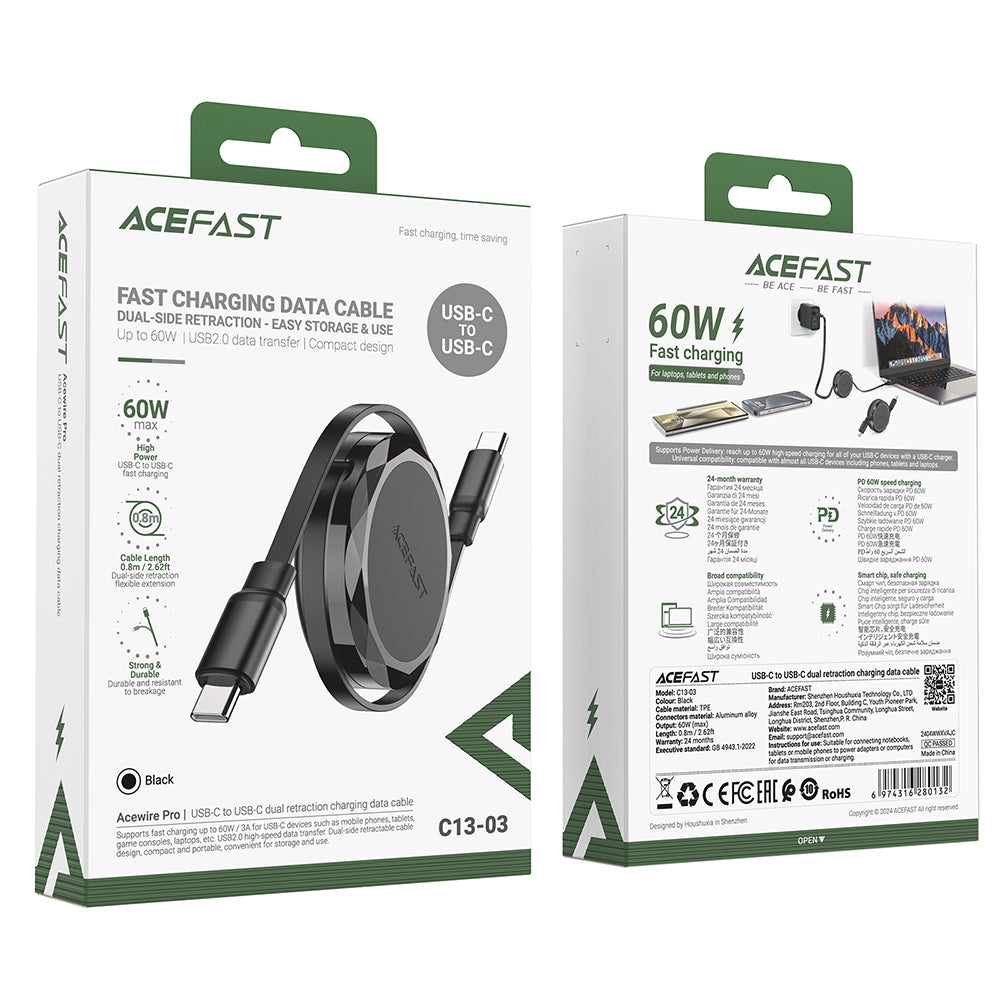 Kabl za podatke i punjenje USB-C - USB-C Acefast C13-03, 60W, 0.8m, Crni