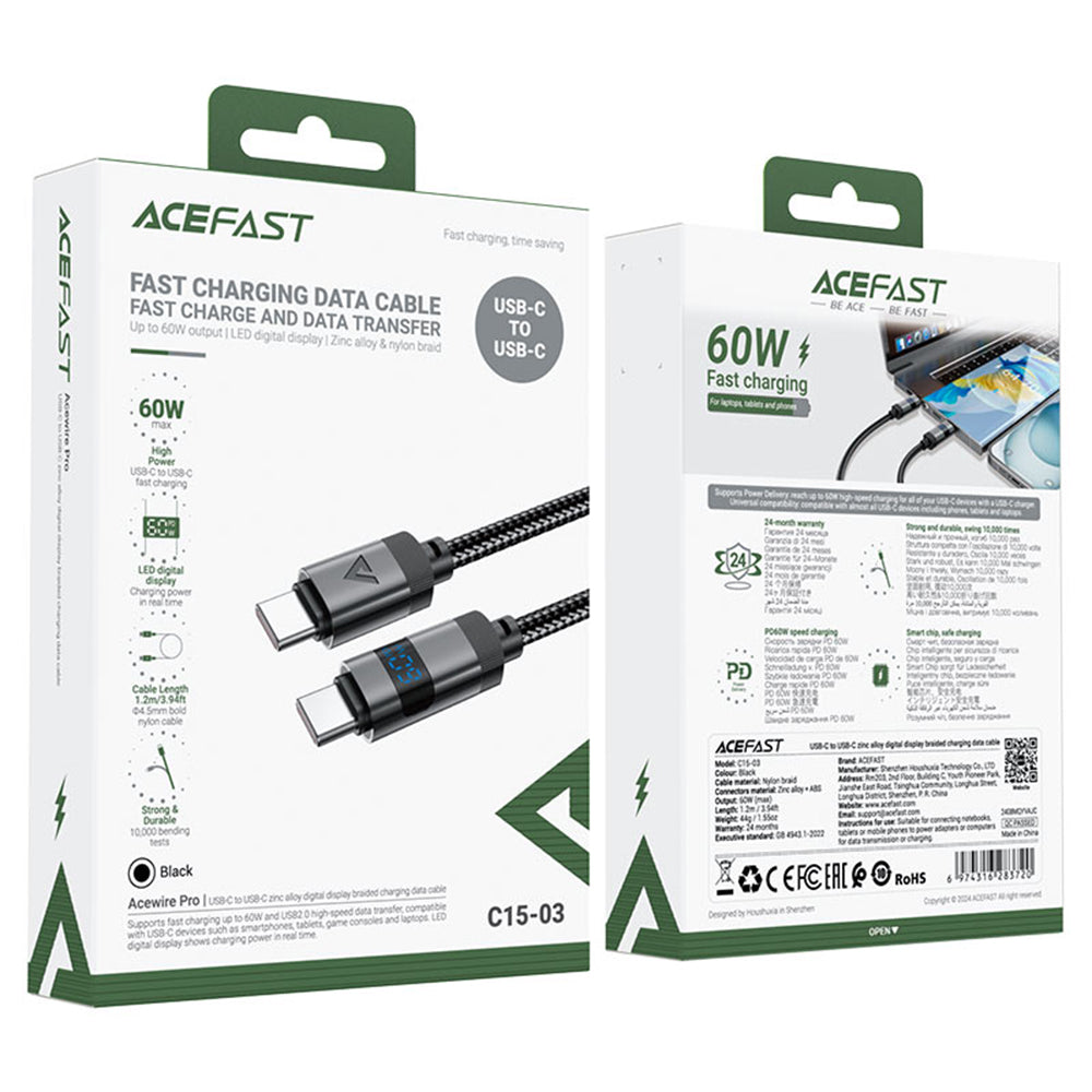 Kabl za prenos podataka i punjenje USB-C - USB-C Acefast C15-03 Display, 60W, 1.2m, Crni