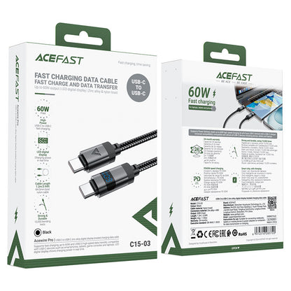 Kabl za prenos podataka i punjenje USB-C - USB-C Acefast C15-03 Display, 60W, 1.2m, Crni