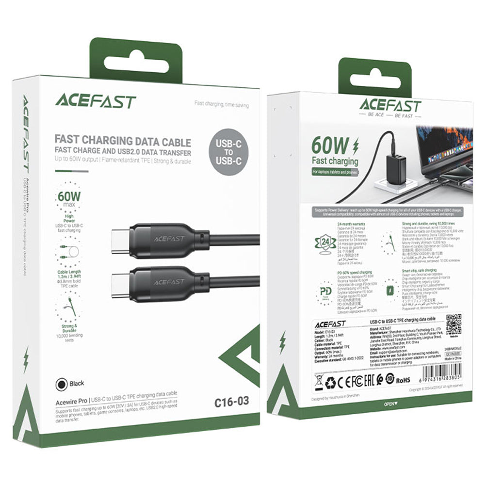 Kabl za Podatke i Punjenje USB-C - USB-C Acefast C16-03, 60W, 1.2m, Crni