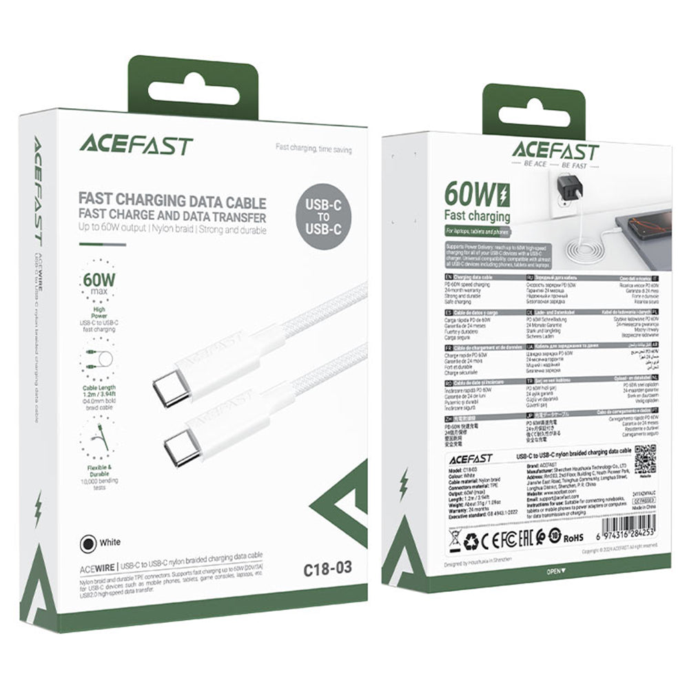 Kabl za prenos podataka i punjenje USB-C - USB-C Acefast C18-03, 60W, 1.2m, Beli