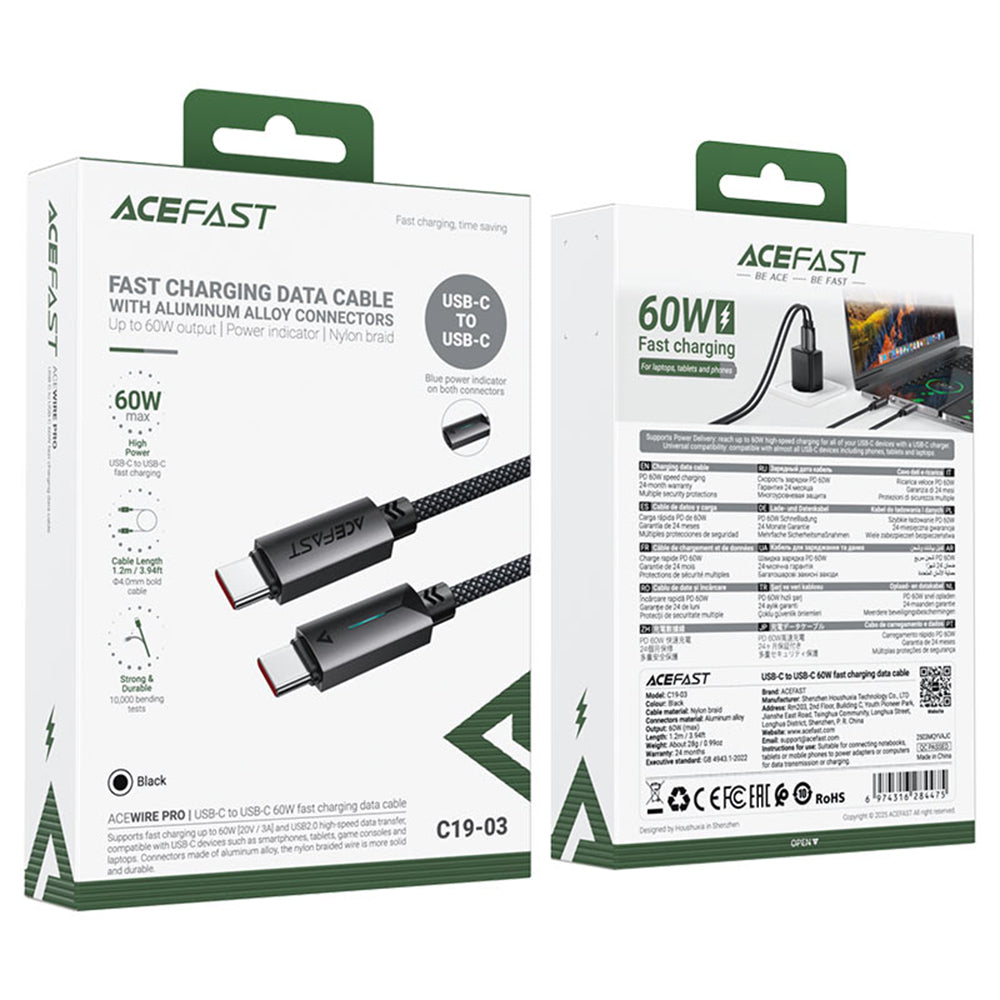 Kabl za podatke i punjenje USB-C - USB-C Acefast C19-03, 60W, 1.2m, Crni