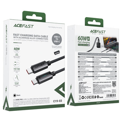 Kabl za podatke i punjenje USB-C - USB-C Acefast C19-03, 60W, 1.2m, Crni