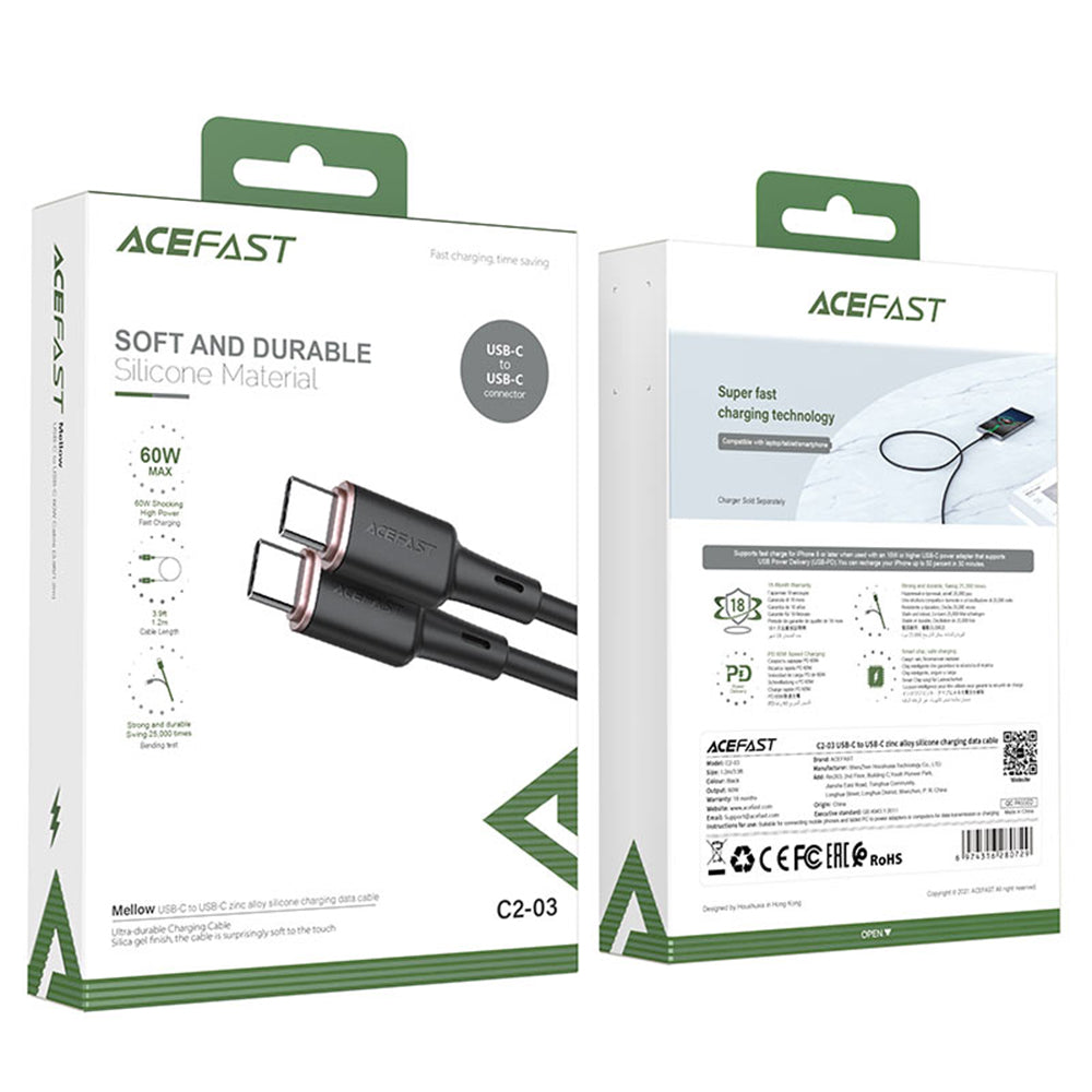 Kabl za podatke i punjenje USB-C - USB-C Acefast C2-03, 60W, 1.2m, Crni