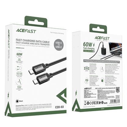 Kabl za prenos podataka i punjenje USB-C - USB-C Acefast C20-03, 60W, 1.2m, Crni