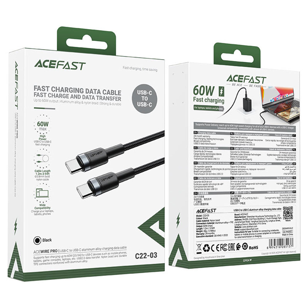 Kabl za prenos podataka i punjenje USB-C - USB-C Acefast C22-03, 60W, 1.2m, Crni