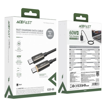 Kabl za prenos podataka i punjenje USB-C - USB-C Acefast C23-03, 60W, 1.2m, Crni