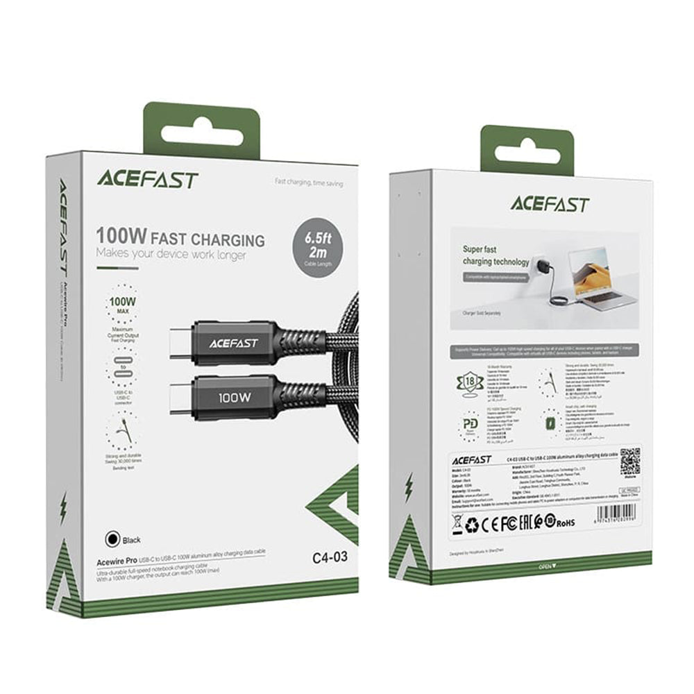 Kabl za prenos podataka i punjenje USB-C - USB-C Acefast C4-03, 100W, 2m, Crni