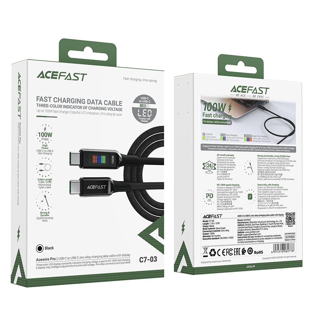 Kabl za Prenos Podataka i Punjenje USB-C - USB-C Acefast C7-03, 100W, 1.2m, Crni