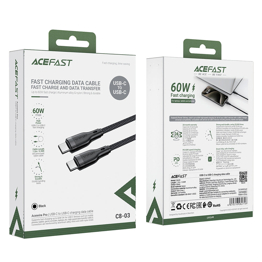 Kabl za prenos podataka i punjenje USB-C - USB-C Acefast C8-03, 60W, 1.2m, Crni