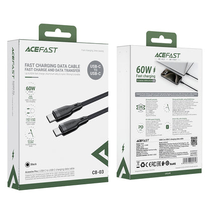 Kabl za prenos podataka i punjenje USB-C - USB-C Acefast C8-03, 60W, 1.2m, Crni