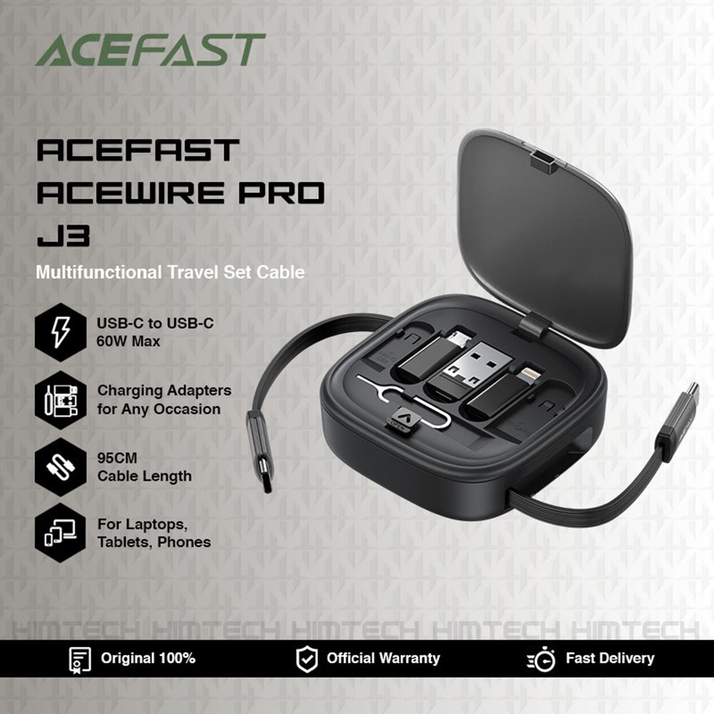 Kabl za prenos podataka i punjenje USB-C - USB-C Acefast Travel J3, 60W, 0.95m, Crni
