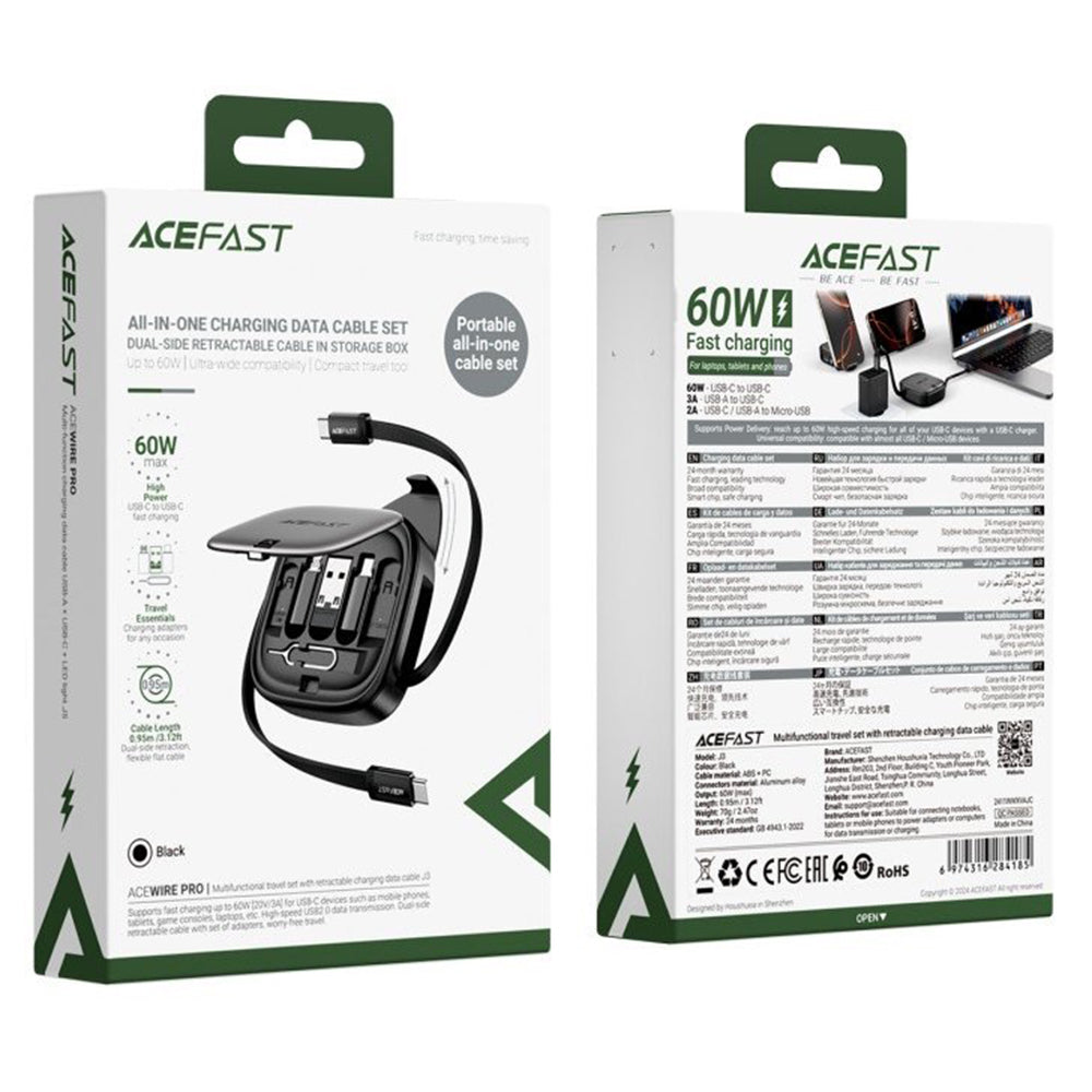 Kabl za prenos podataka i punjenje USB-C - USB-C Acefast Travel J3, 60W, 0.95m, Crni