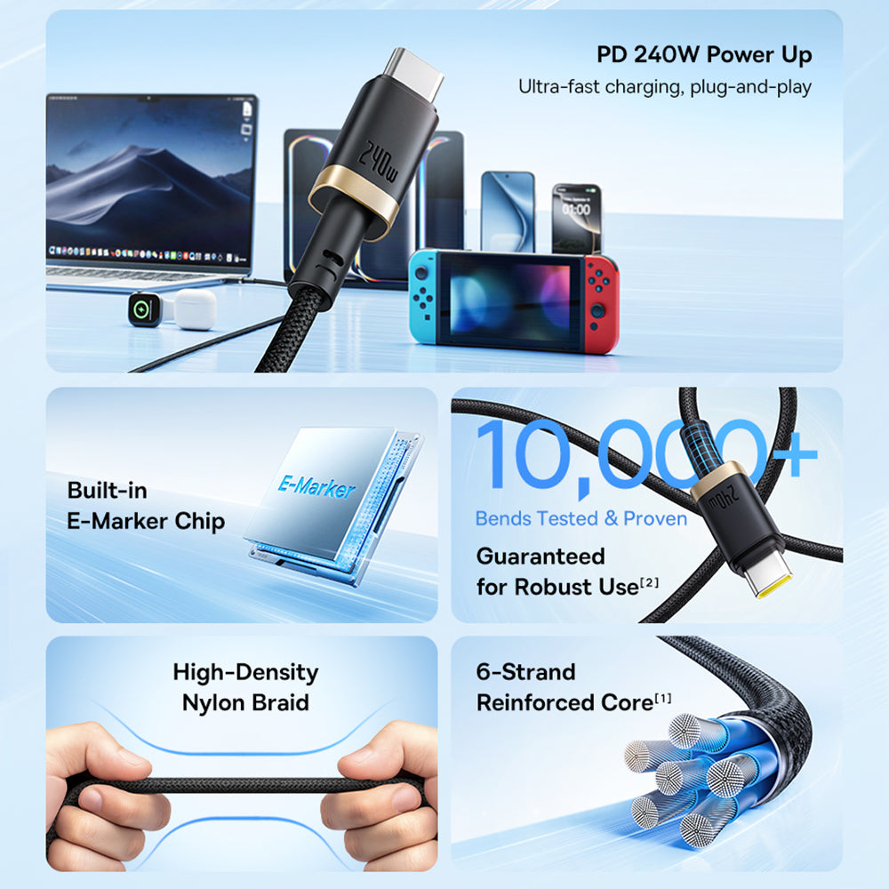 Kabl za prenos podataka i punjenje USB-C - USB-C Baseus Dura, 240W, 1m, Zlatno Crni P10377803U03-00